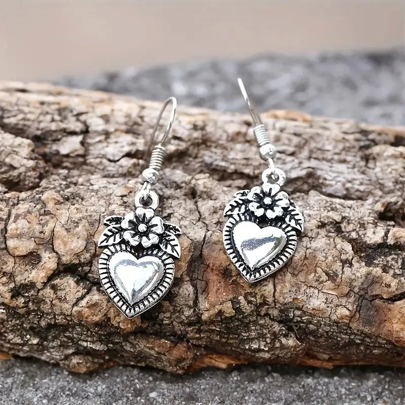 Vintage tarnish black alloy geometric flower earrings for women simple style