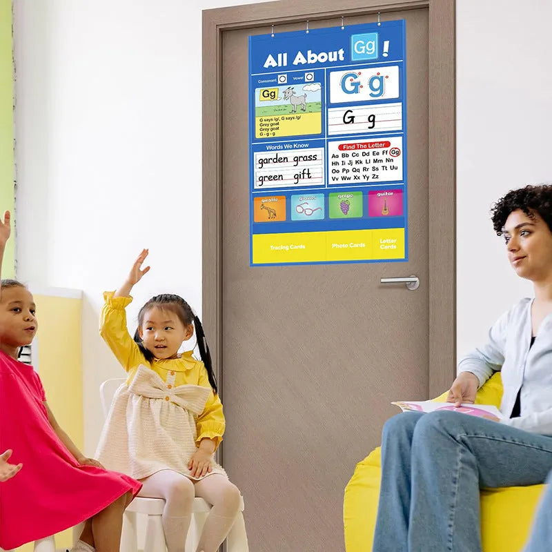 Large alphabet learning chart with word cards, letter cards, and picture cards for home education.
