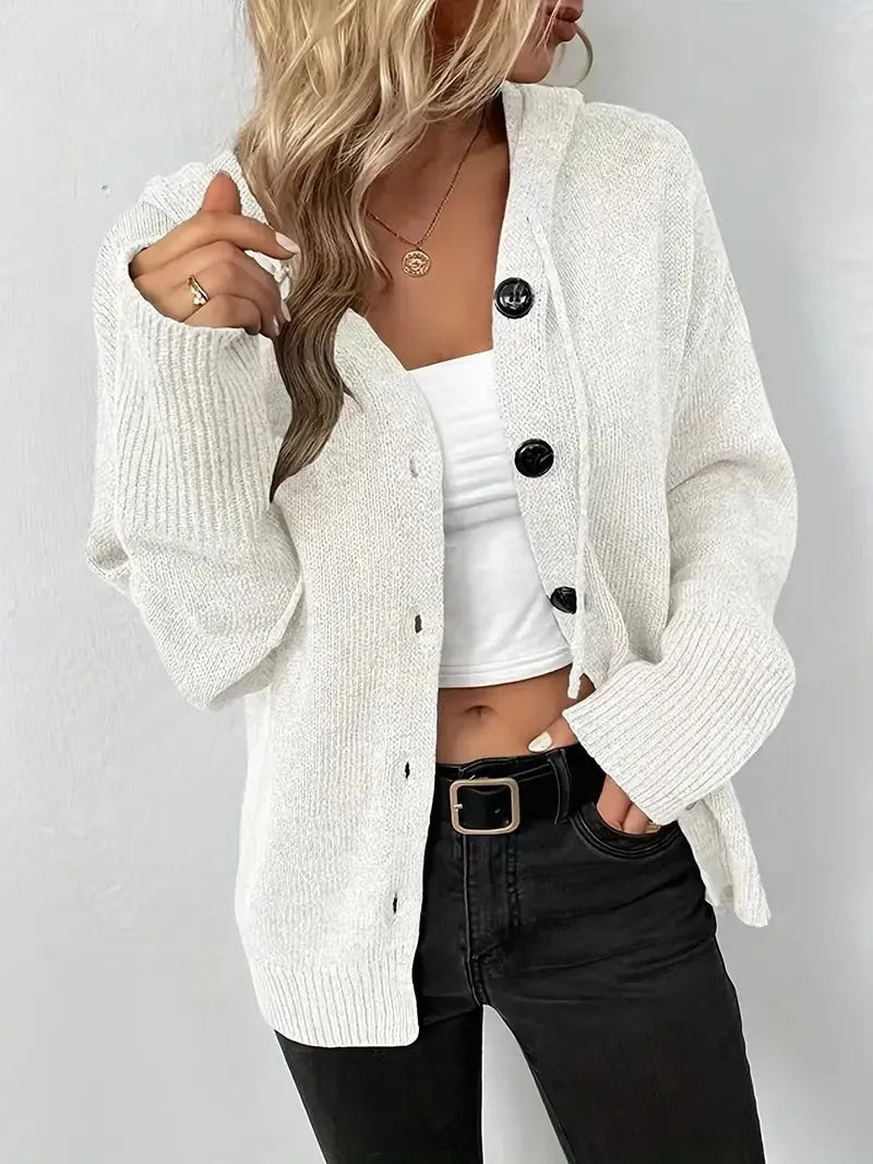 Solid colour hooded single-breasted cotton sweater in thick fabric with regular sleeves