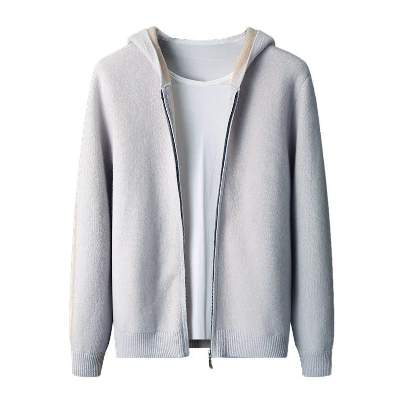 Men's dark blue cashmere cardigan sweater with half-high collar and zipper front in thickened construction