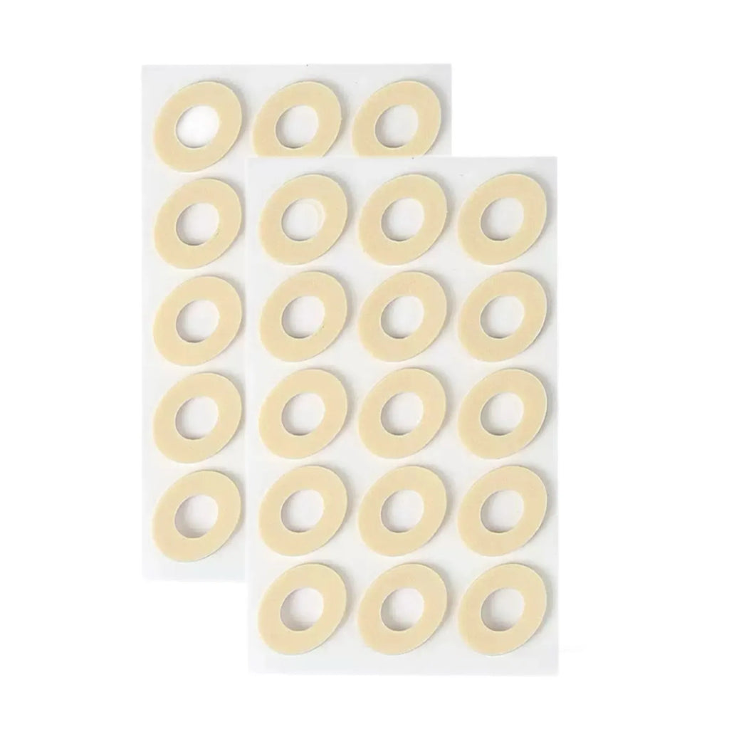 Women's PU heel corn protector toe pads showing four different shapes: circular, large oval, small oval and U-shaped