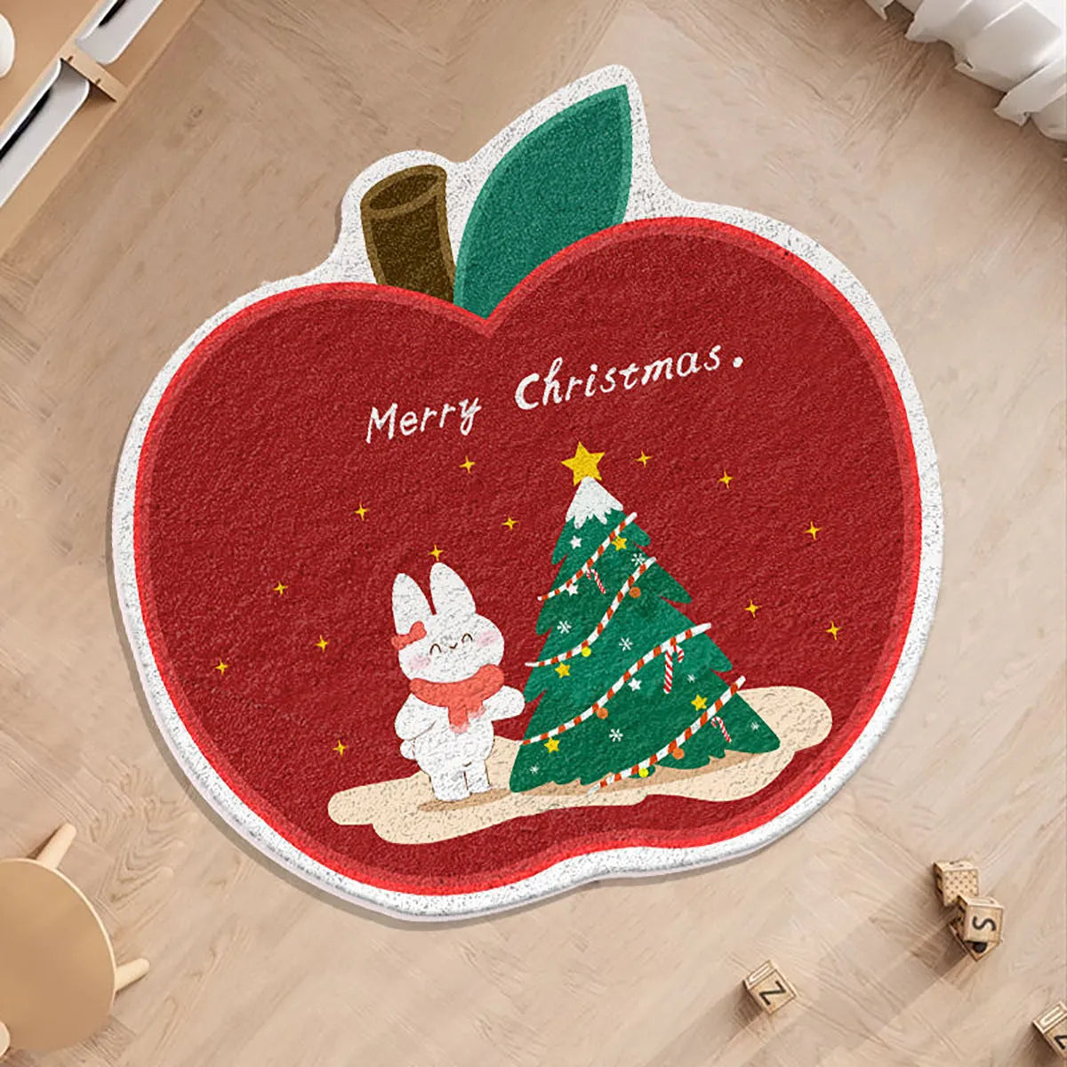 Round Christmas-themed floor carpet in imitation cashmere, showing one of six festive colour patterns.