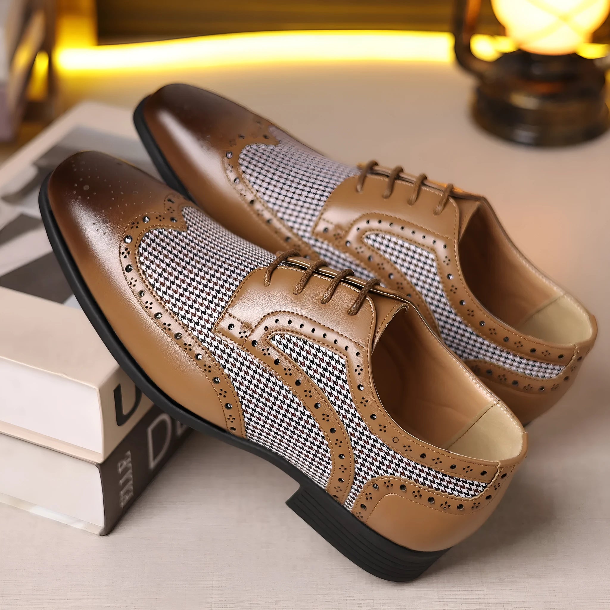 Men's casual leather shoes with houndstooth plaid pattern in black, brown, wine red or yellow colours