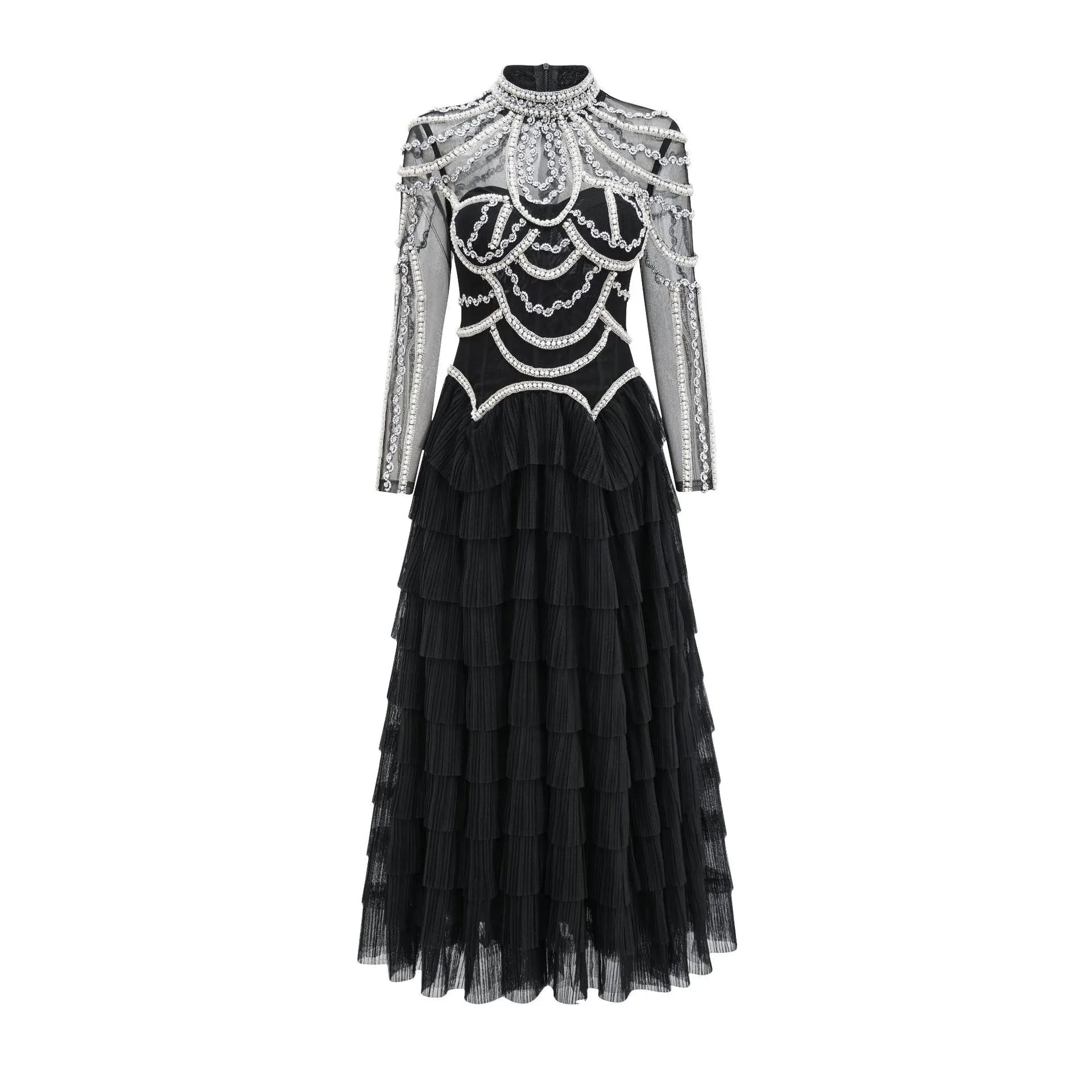 Women's long sleeve beaded dress in polyester with mid waist and long skirt design