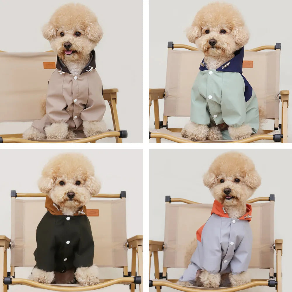 British style khaki waterproof dog jacket on a small breed dog, showing the shell design.