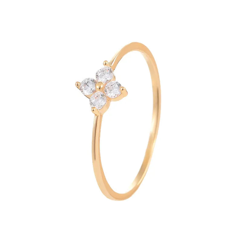Gold plated diamond four-leaf clover ring for women, silver base, closed mouth setting, white gold colour