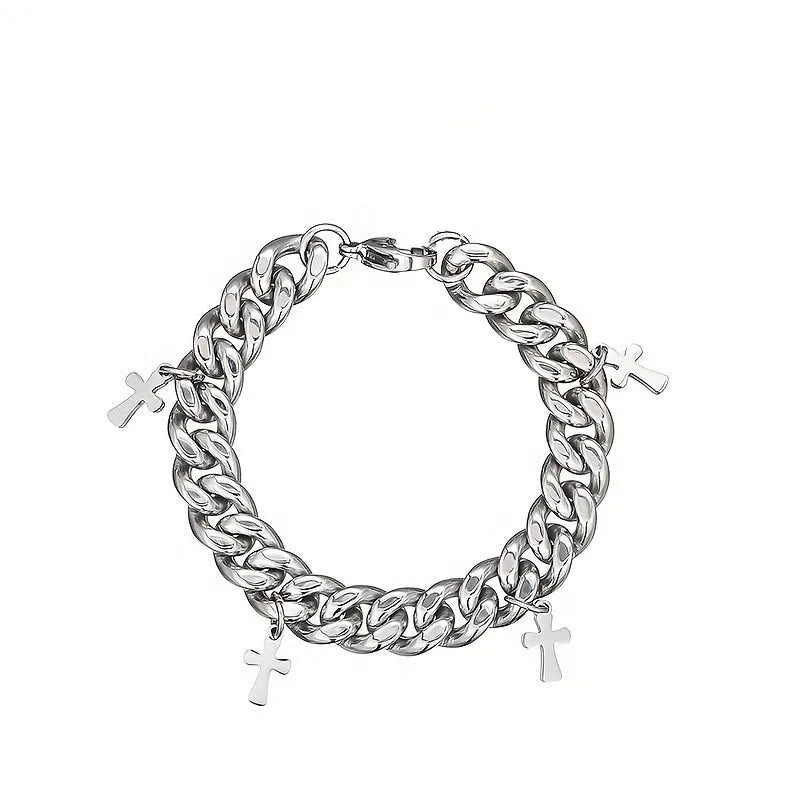 Men's titanium steel bracelet with geometric cross design in minimalist cold wind style