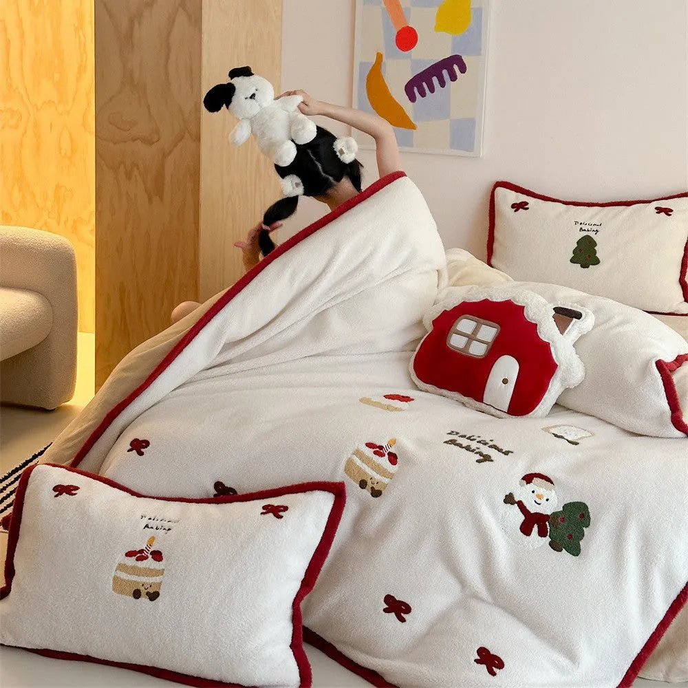 Winter Christmas cartoon bedding four-piece set with bed sheet, pillowcases, and duvet cover