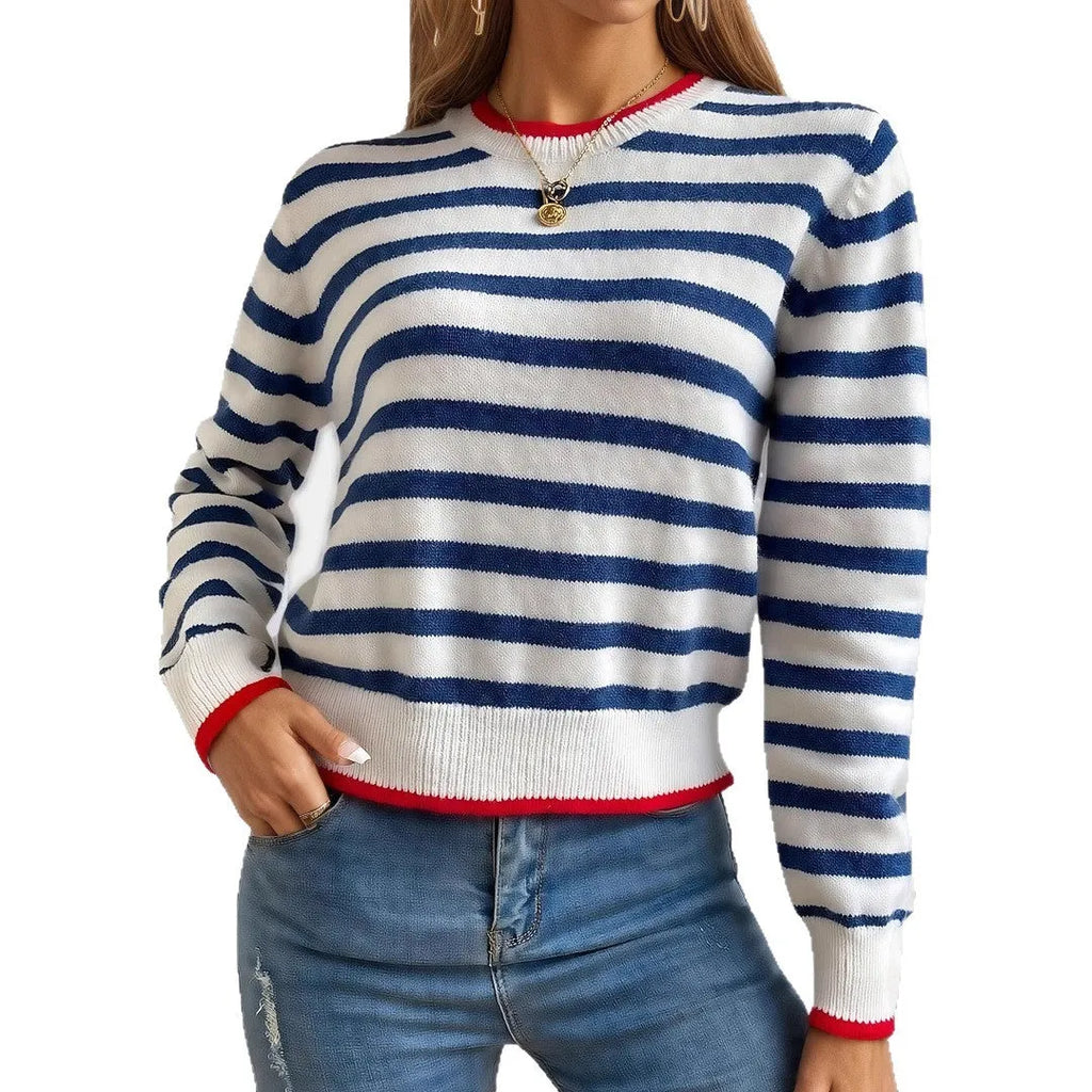 Sapphire blue striped knitted pullover sweater with round neck and long sleeves