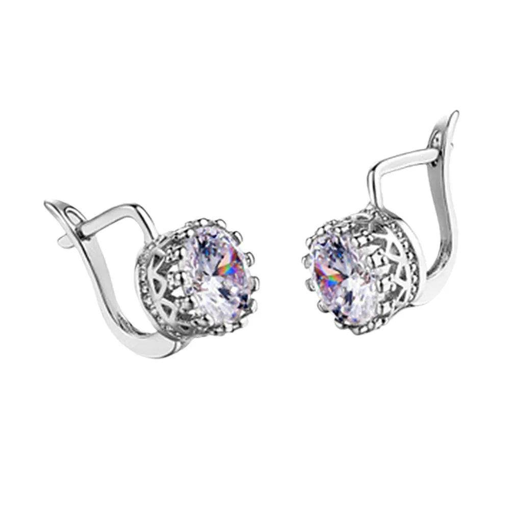 Korean retro style crown-shaped copper ear clips with white diamonds in rose gold or white gold colour.