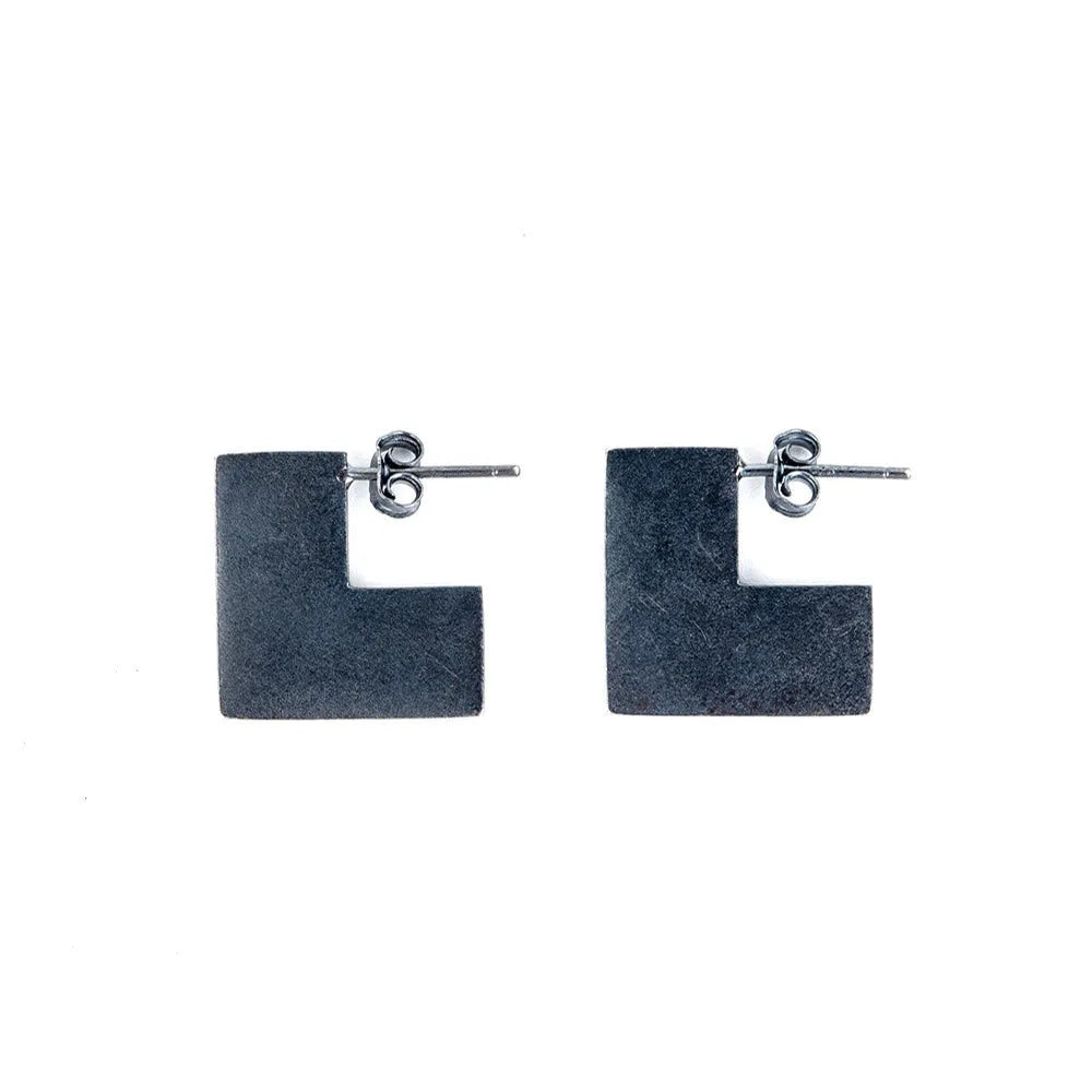 Oxidised black geometric square sterling silver earrings measuring approximately 16mm