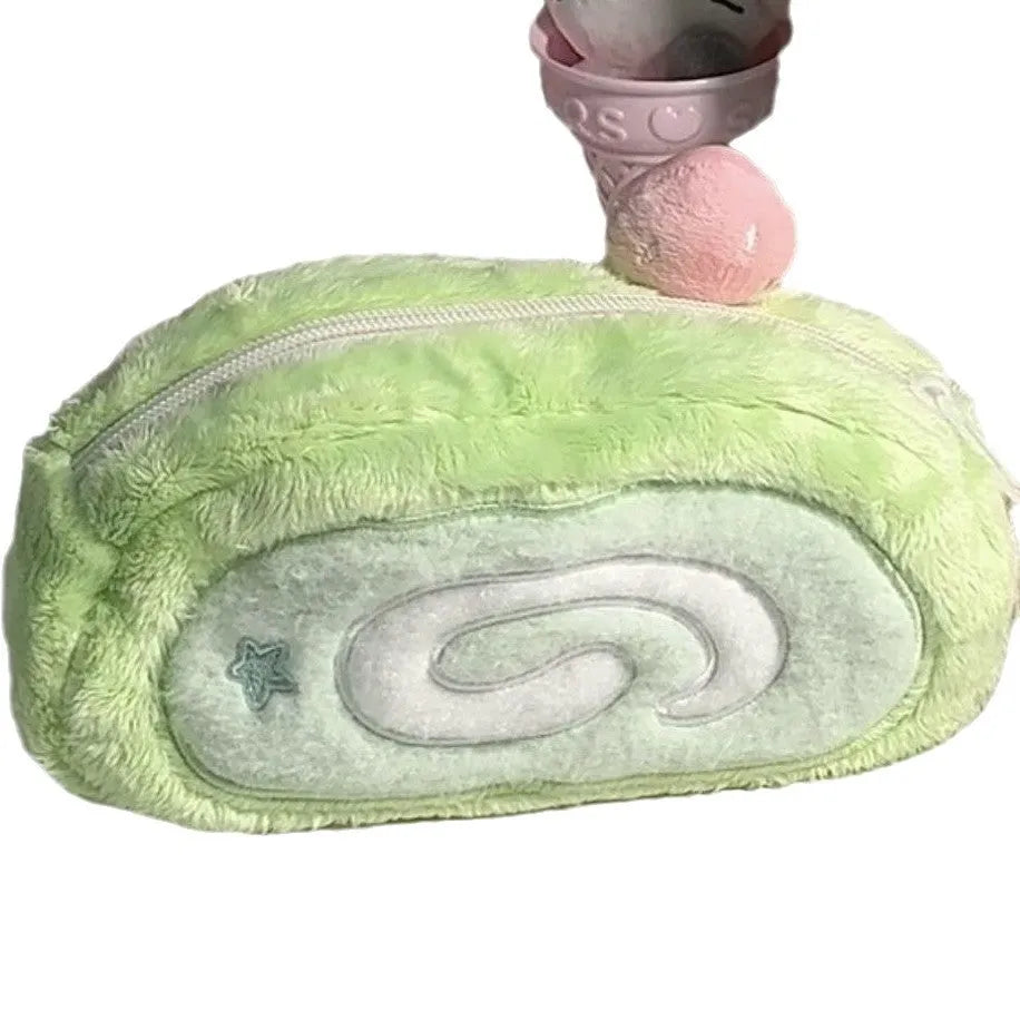 Honeydew roll plush velvet pencil case with Swiss roll cake design in Korean style