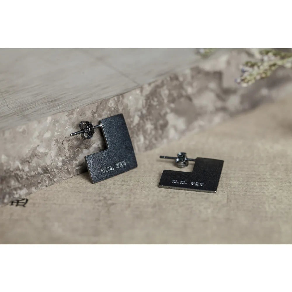 Oxidised black geometric square sterling silver earrings measuring approximately 16mm