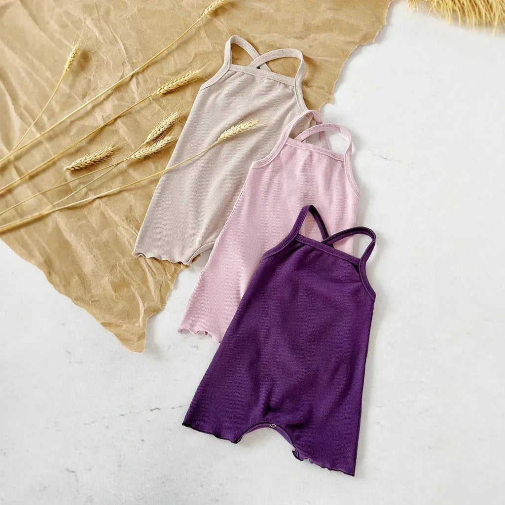 Baby sunken stripe camisole one-piece romper in modal fabric, pullover style, sleeveless triangle design for girls