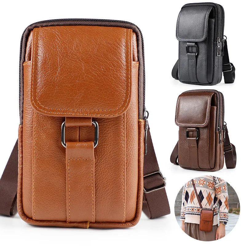 Men's leather multi-functional belt crossbody waist bag with lock fastening and coin pocket