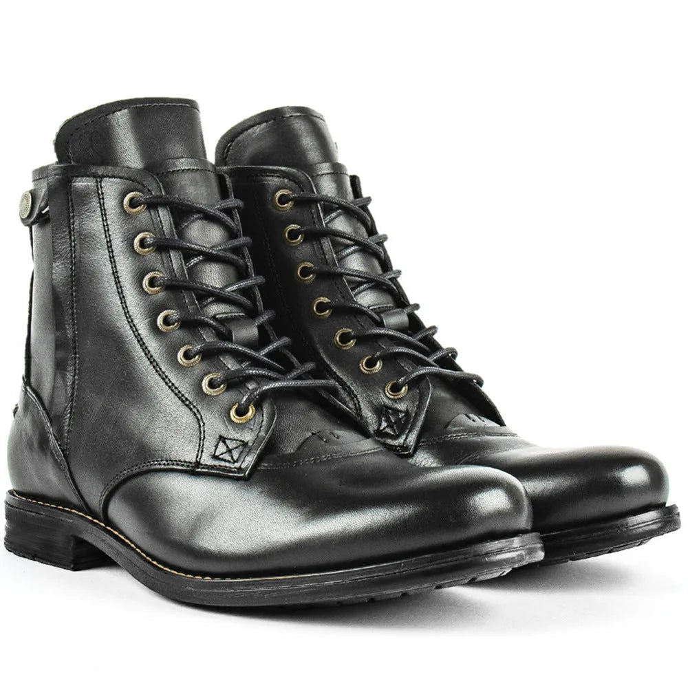 Knight Series black and brown two-tone leather men's boots with side zipper and low heel.