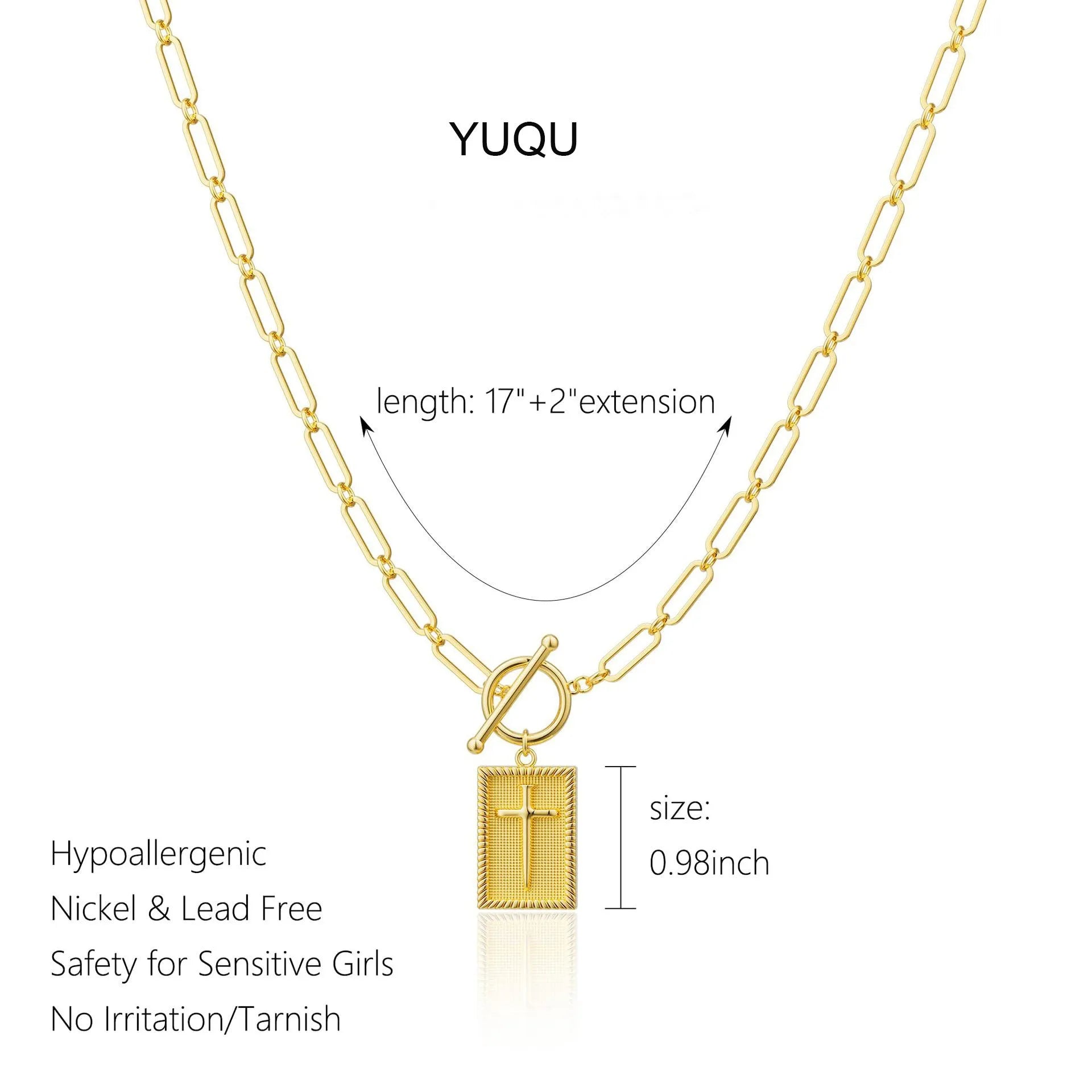 Gold stainless steel clip necklace with cross and square pendant on clip chain