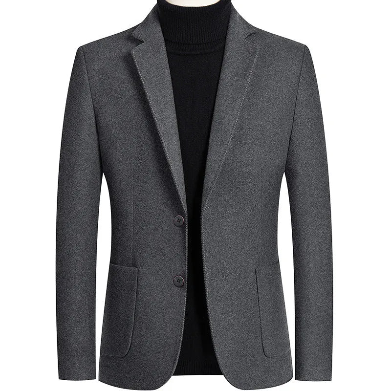 Men's slim fit wool blend suit jacket in a solid colour on a hanger.