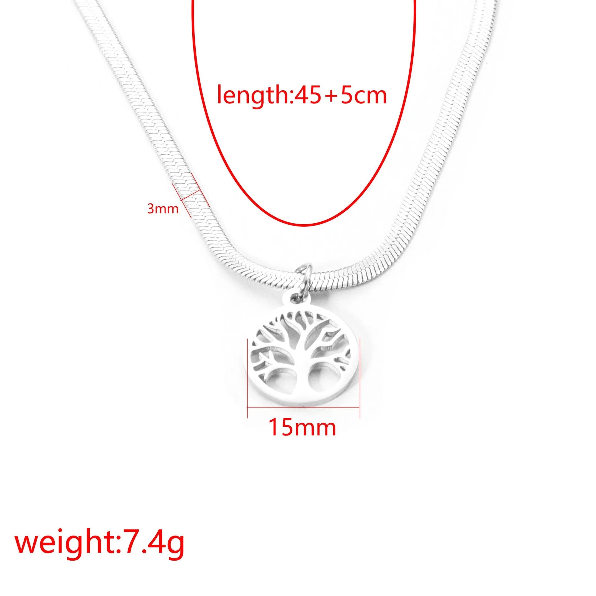Stainless steel tree pendant necklace with snake bones chain in gold colour