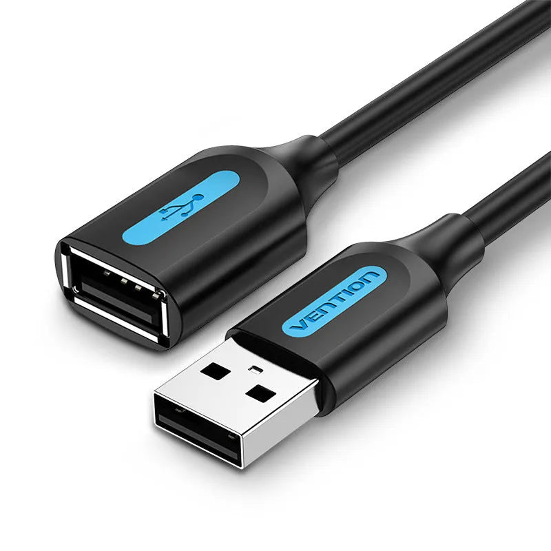 Black USB A male to AM female extension cable on a white background, showing straight head connectors.