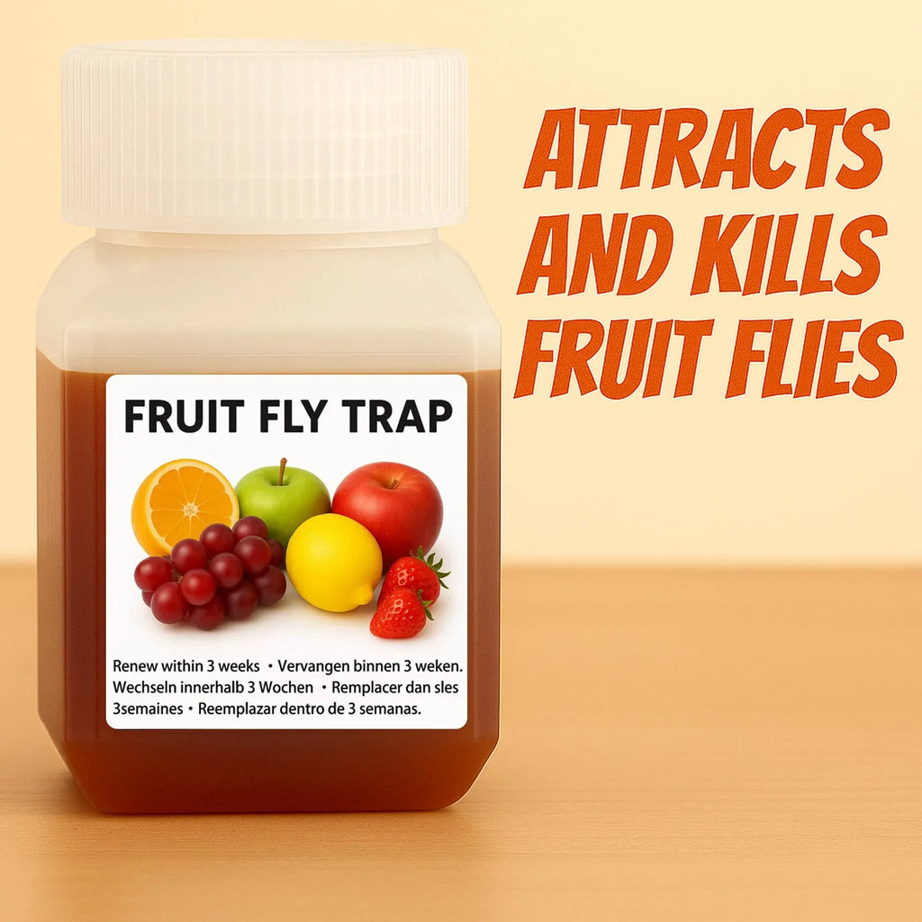 Clear plastic bottle of fruit fly trapper bait liquid for reusable pest control traps