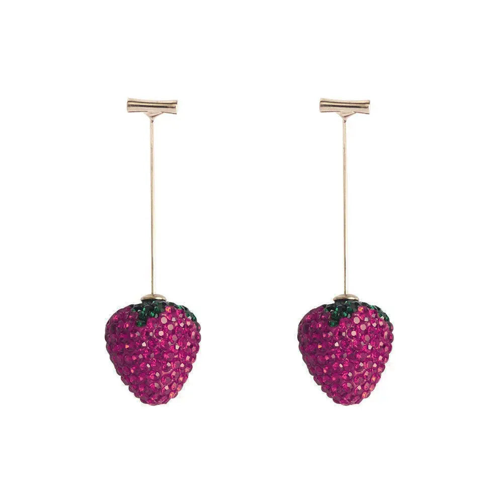 A pair of geometric strawberry-shaped stud earrings with spot drill texture, shown in red zinc alloy.