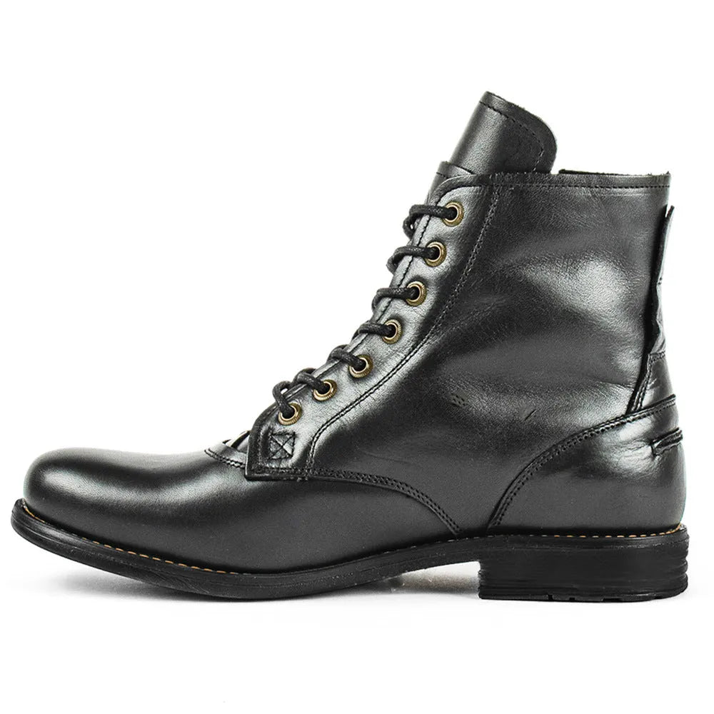 Knight Series black and brown two-tone leather men's boots with side zipper and low heel.