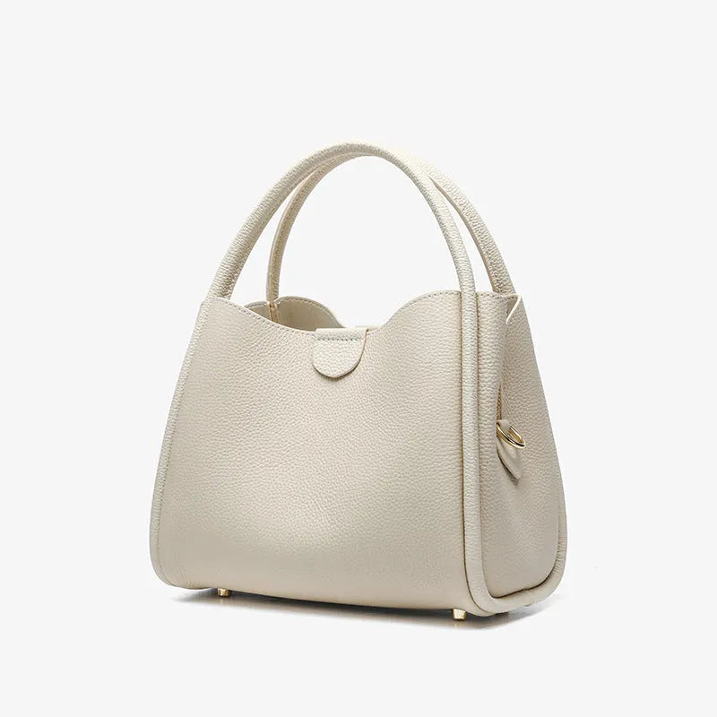 Genuine leather vegetable basket handbag in cylindrical shape with open pocket outer and sandwich zipper bag interior