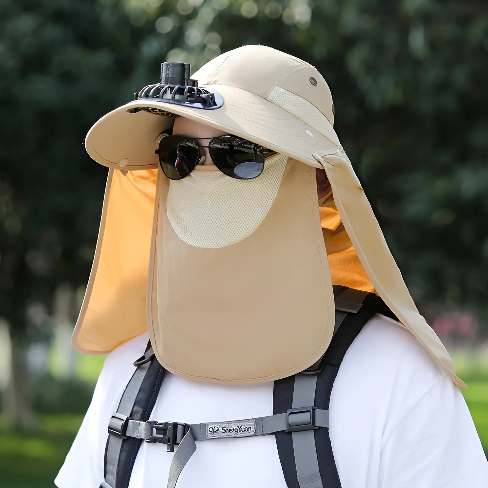 Men's khaki sun hat with built-in fan and neck covering shawl for outdoor fishing.