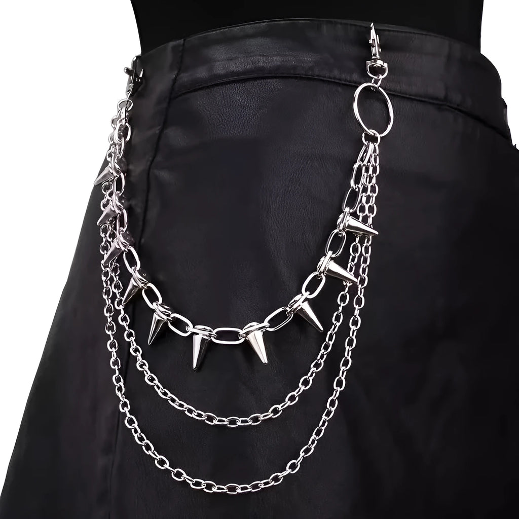 Silver punk pants chain with rivet detailing and zipper fastening, 115cm length