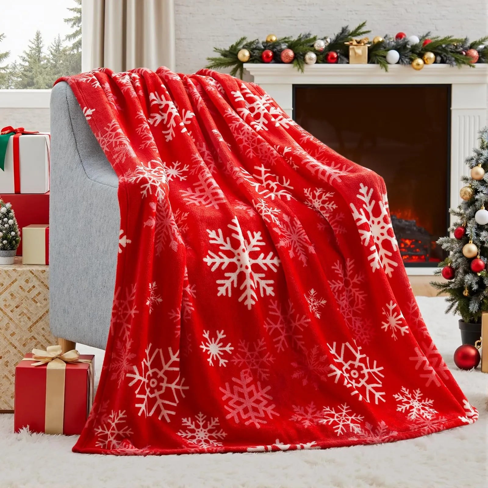 Soft red polyester flannel Christmas blanket draped over a sofa, showing its plush texture and generous size.