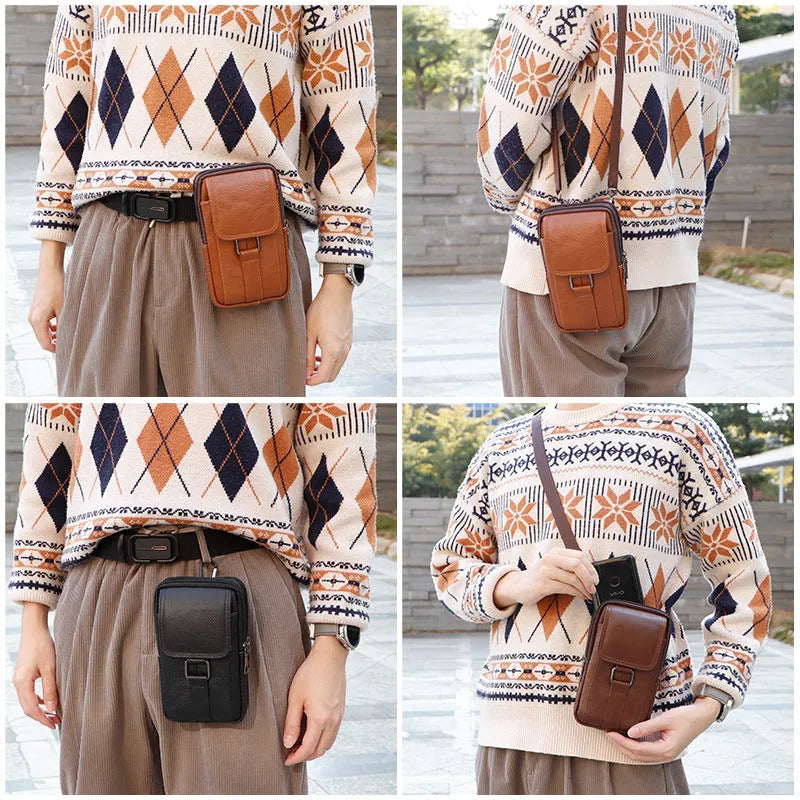 Men's leather multi-functional belt crossbody waist bag with lock fastening and coin pocket