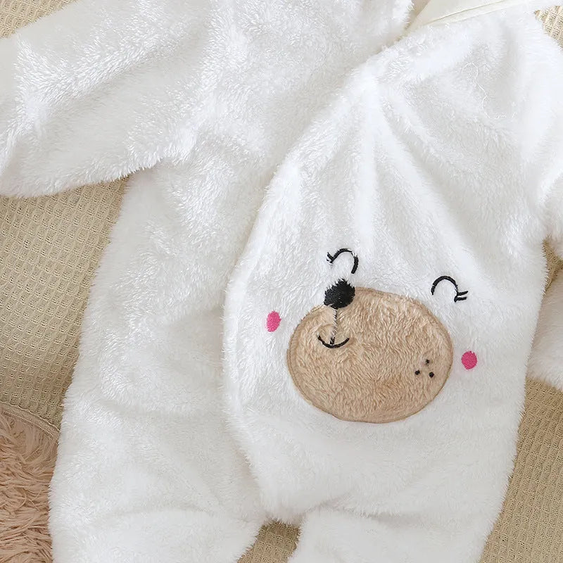 Cartoon bear velvet romper thickened long sleeve baby jumpsuit in white, khaki, pink, or gray