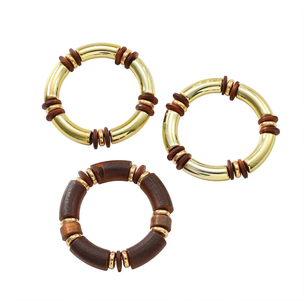 Women's multi-layer wooden necklace and bracelet set with alloy pendant and regular chain