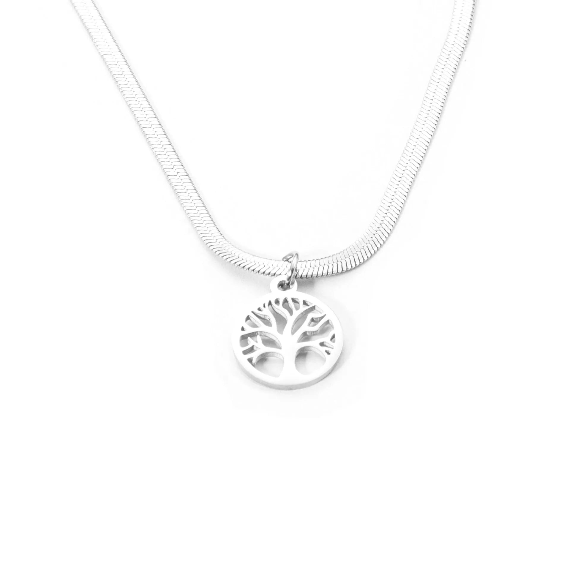 Stainless steel tree pendant necklace with snake bones chain in gold colour