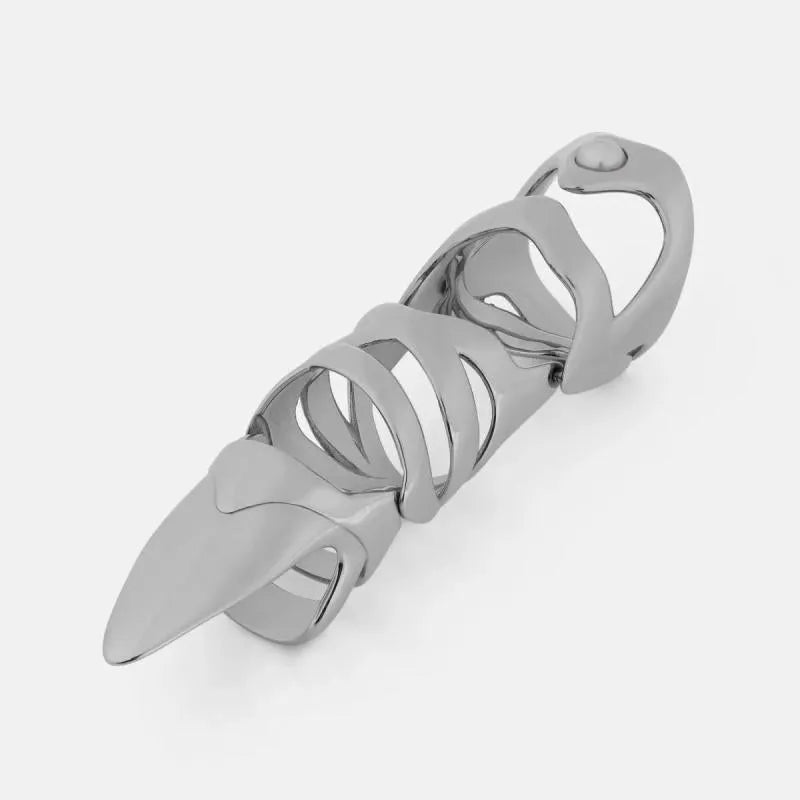 Silver-coloured alloy finger stall with a punk armour design.