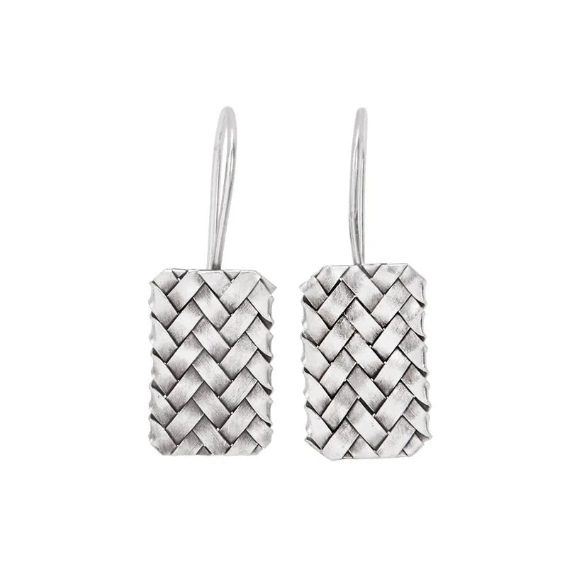 Silver geometric diamond plaid woven drop earrings, 17.5mm x 11mm, made from 925 sterling silver.