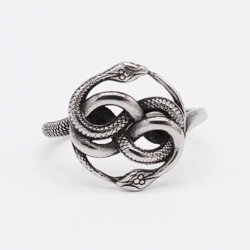 A steel-coloured titanium steel ring featuring a detailed double snake design in a retro style.