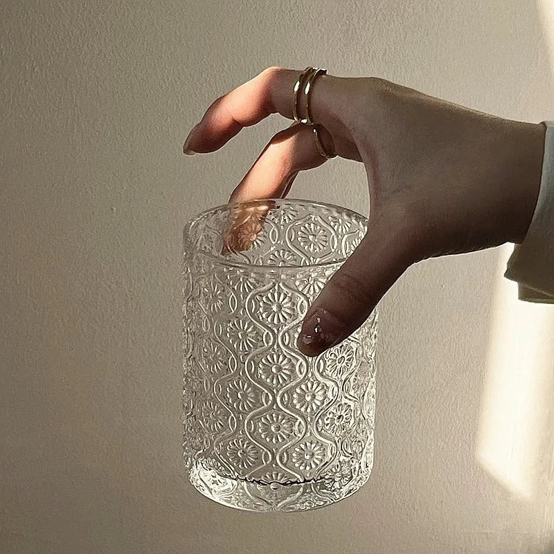 A solid colour Begonia carved glass water cup showing short 250ml and tall 360ml size options.