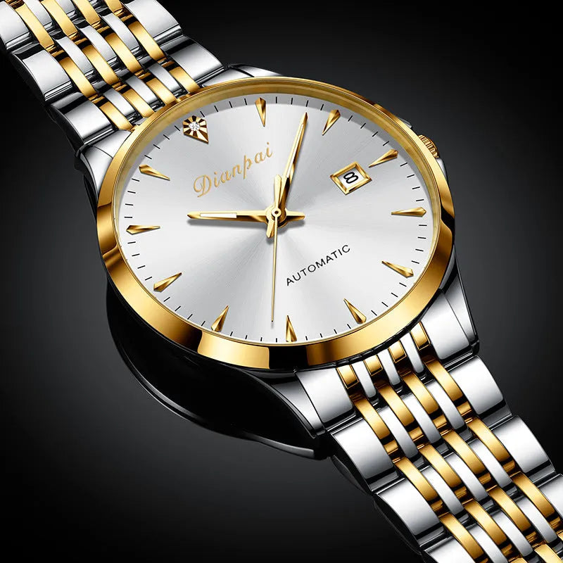 Men's simple dial automatic watch with stainless steel bracelet and case, showing a gold and black colour variant.