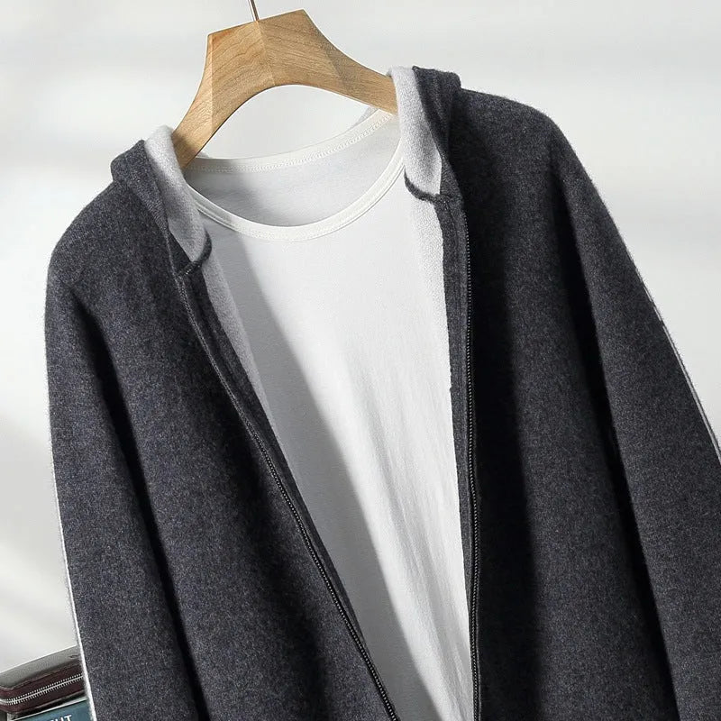 Men's dark blue cashmere cardigan sweater with half-high collar and zipper front in thickened construction