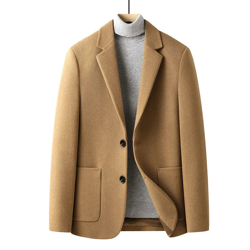 Men's slim fit wool blend suit jacket in a solid colour on a hanger.