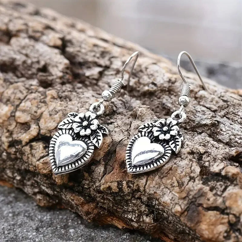 Vintage tarnish black alloy geometric flower earrings for women simple style