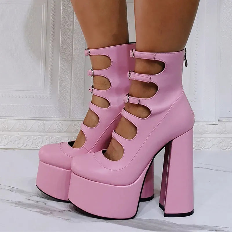 Black waterproof patent leather women's platform high heels with a thick heel and serpentine ankle buckle.