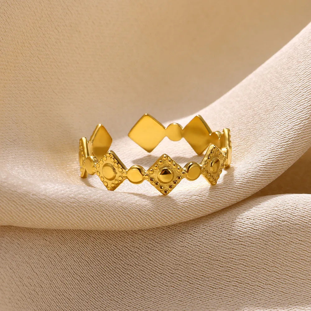 Gold diamond geometric titanium steel women's ring with free size adjustable design