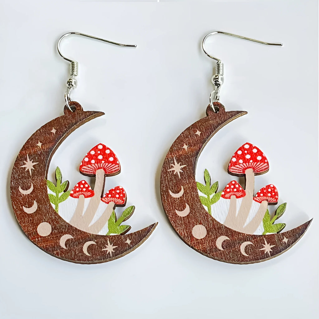 Brown wooden drop earrings with printed mushroom pattern on white background