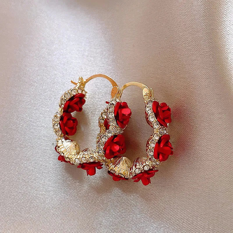 Red flower alloy ear clips with rose design elements for women's jewellery