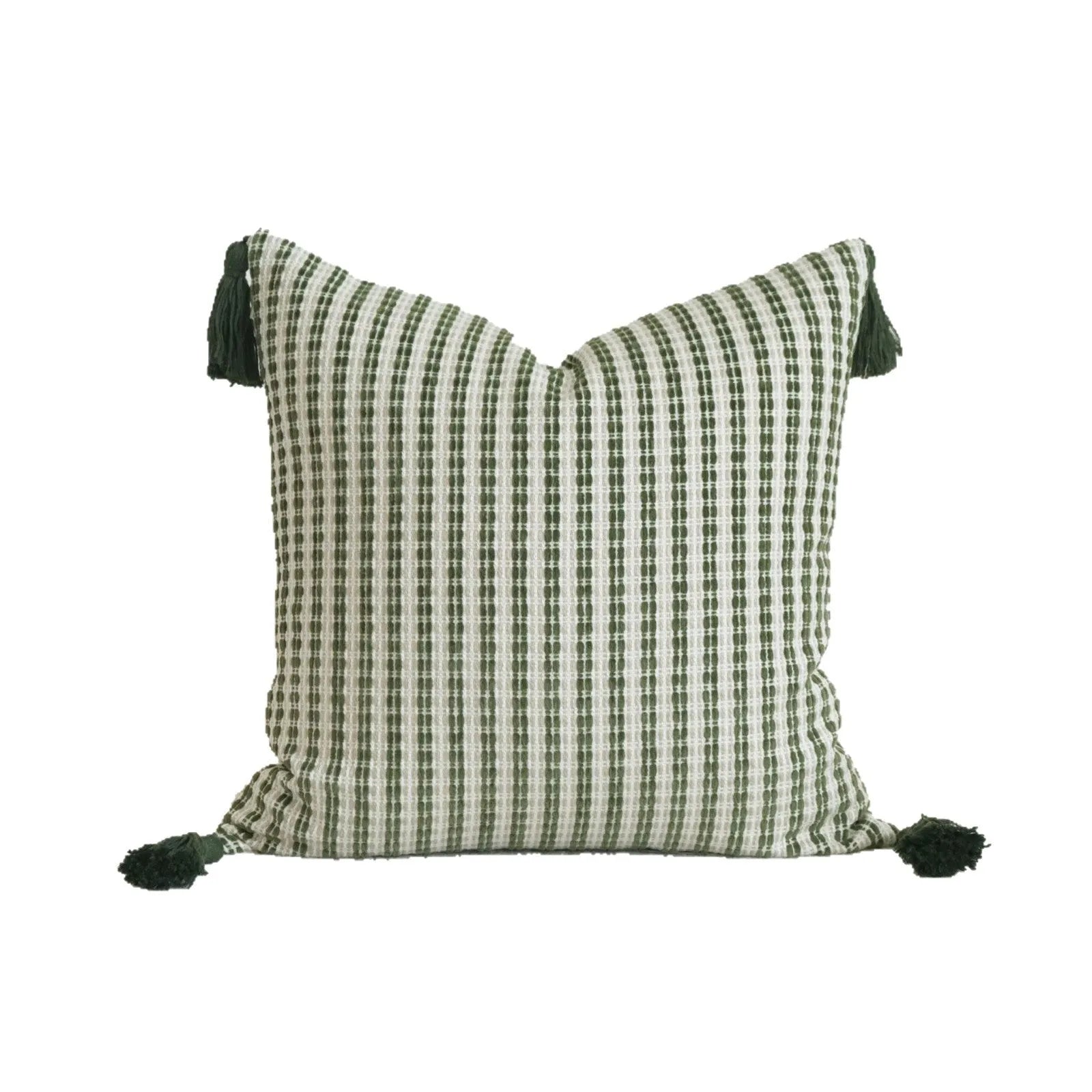 Green decorative pillow with tassel or beaded design on a cotton linen blend cover.