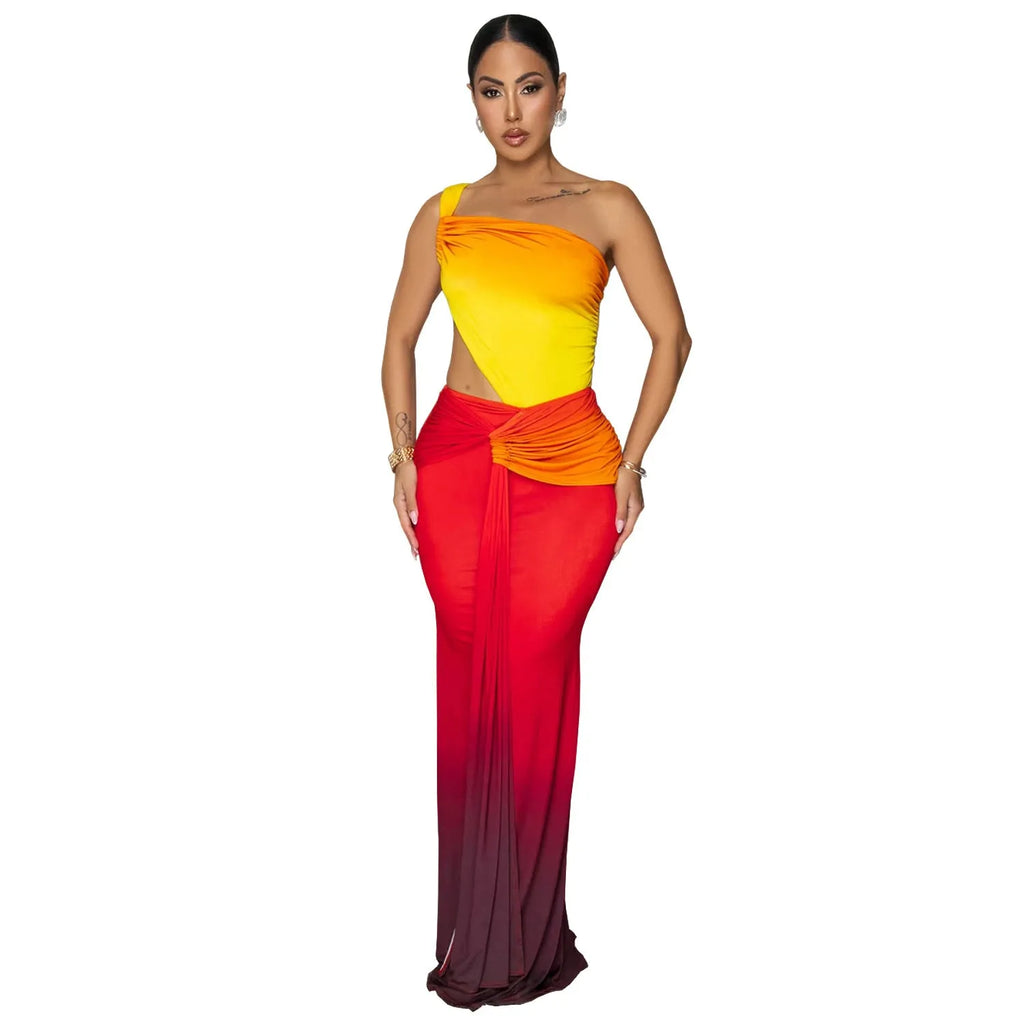 Women's gradient colour sleeveless dress with a cross-shoulder neckline and long A-line skirt.