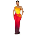 Women's gradient colour sleeveless dress with a cross-shoulder neckline and long A-line skirt.
